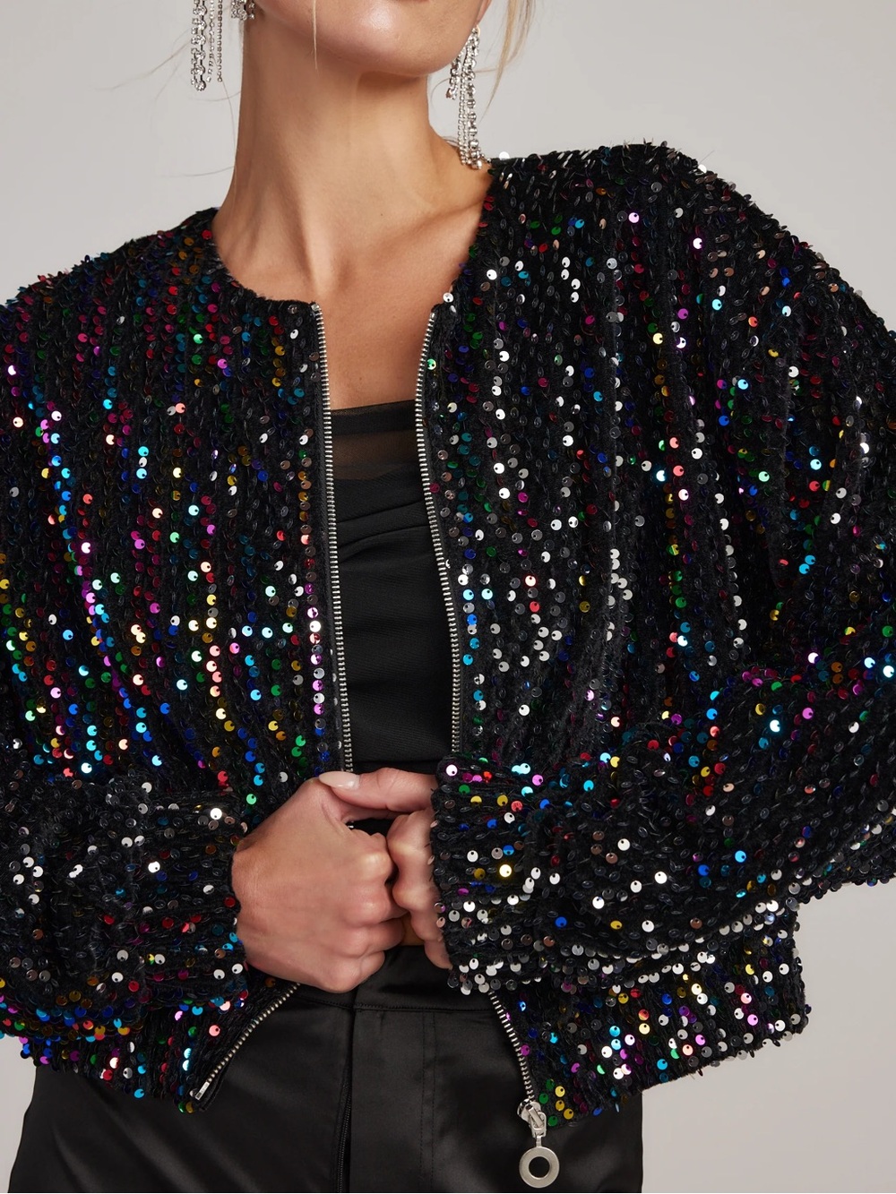 12th Tribe Black Sequin Bomber Jacket with Multicolor Iridescent Accents - Picture 3 of 9